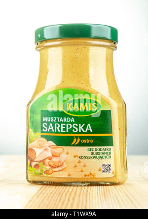Kamis mustard on gradient background. Kamis was founded in Poland in 1991. Stock Photo
