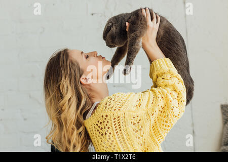 side view of beautiful girl in knitted sweater holding scottish fold cat at home Stock Photo