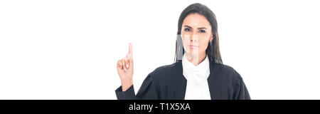 Panoramic shot of judge in judicial robe showing idea gesture isolated on white Stock Photo