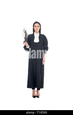 Full length view of judge in judicial robe holding themis figurine isolated on white Stock Photo