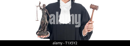 Panoramic shot of judge in judicial robe holding gavel and themis figurine isolated on white Stock Photo