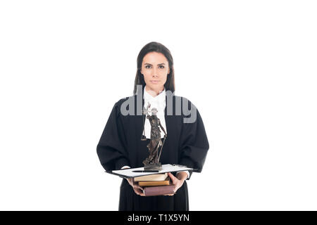 Judge in judicial robe holding themis figurine, books and clipboard isolated on white Stock Photo