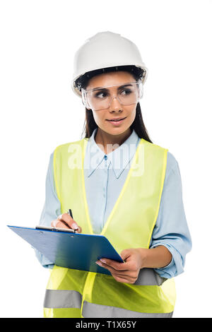 Engineer in hardhat holding clipboard isolated on white Stock Photo