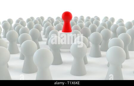 Red game figure on a box with white figures around it isolated on white background Stock Photo