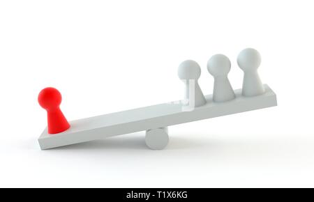 Red and white game figure on a seesaw isolated on white background Stock Photo