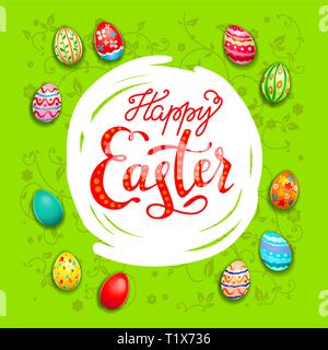 Easter eggs bright green congratulation card. Easter holiday template for design card, banner, ticket, leaflet, poster and so on. Happy Easter lettering Stock Vector