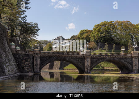 Tokyo, Japan - April 2017: Bridge over the moat at the Imperial Palace in Chiyoda Stock Photo