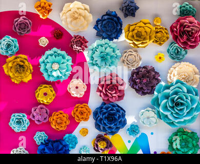 Colorful 3D wall flowers at Paseo Queretaro, a modern 'malltertainment' shopping mall and entertainment district located in Queretaro, Mexico Stock Photo