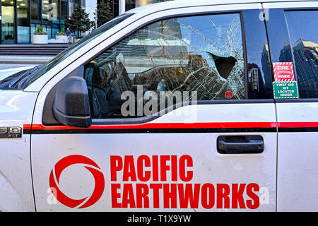 Car with broken drivers glass, window Stock Photo