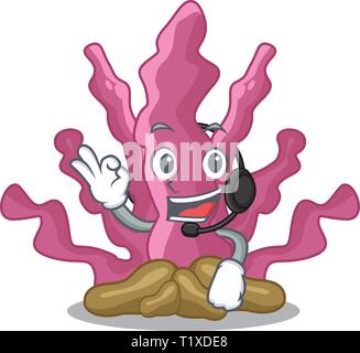 With headphone pink seaweed in the mascot aquarium Stock Vector