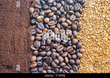 background of three kinds of coffee, ground, beans and instant Stock Photo