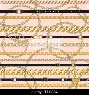 Seamless pattern with gold chains and belts on pink background for fabric. Trendy repeating print. Stock Vector