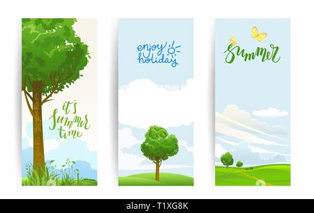 Summer or spring template for design banner, ticket, leaflet, card, poster and so on. Green grass tree banners set. Stock Vector