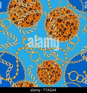 Blue seamless pattern with gold chain for fabric. Trendy repeating fashion print. Stock Vector