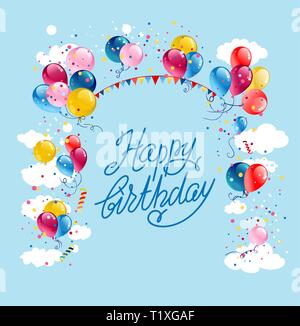 Festive frame with balloons and flags on blue sky. Happy birthday cartoon illustration. Stock Vector