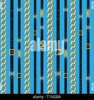 Abctract blue seamless pattern with belts and chain for fabric. Trendy repeating print. Stock Vector