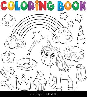 Unicorn on a cloud. Coloring book page for kids. Cartoon style ...