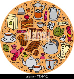 concept illustration of different desserts and tea icon Stock Vector