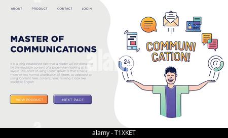 character with his hands up and communication Icons are arranged in a semicircle above the head. Stock Vector