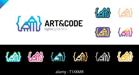 Two pencil with coding symbol. Arrow up pen design studio Stock Vector