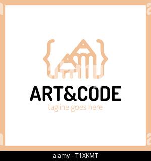 Two pencil with coding symbol. Arrow up pen design studio Stock Vector