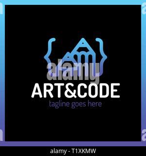 Two pencil with coding symbol. Arrow up pen design studio Stock Vector