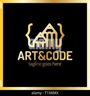Two pencil with coding symbol. Arrow up pen design studio Stock Vector