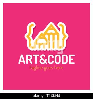 Two pencil with coding symbol. Arrow up pen design studio Stock Vector