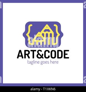 Two pencil with coding symbol. Arrow up pen design studio Stock Vector