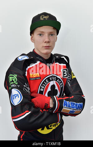 Dan Bewley during the Belle Vue Aces Media Call at the National Speedway Stadium, Manchester on Monday 25th March 2019. (Credit: Eddie Garvey | MI News) Stock Photo