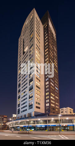 The 96-meter Regent residential tower at night, completed in 1999. It was the pioneer for high-rise buildings in the city. Stock Photo