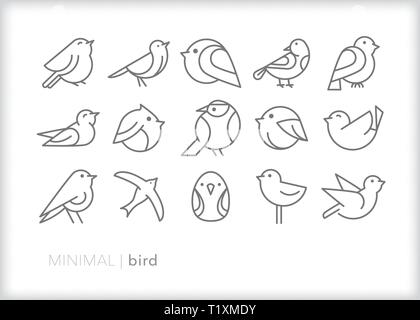 Set of 15 bird line icons of the winged animals flying, cleaning, perched and singing Stock Vector