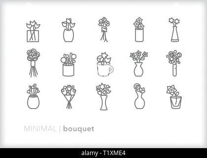 Set of 15 flower bouquet line icons of stems, buds, and blooms in various vases, cups and wraps Stock Vector