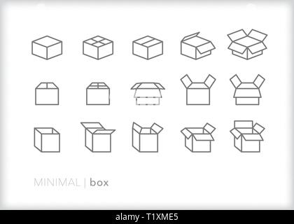 Set of 15 box line icons of cardboard or moving boxes Stock Vector