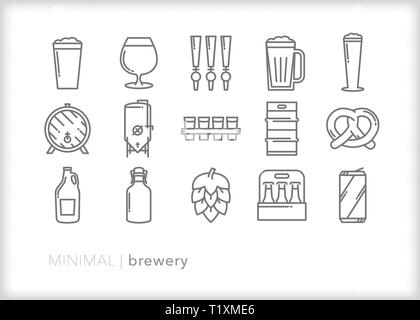 Set of 15 brewery line icons for craft beer Stock Vector