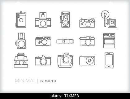 Set of 15 camera line icons of medium format, SLR, DSLR, instant and smart phone cameras Stock Vector