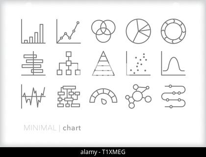 Set of 15 line icons of charts and graphs representing data and information in various shapes Stock Vector