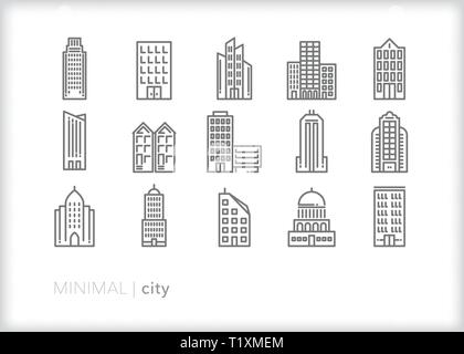 Set of 15 city building line icons of high rises, skyscrapers, row homes, infrastructure and parking garages Stock Vector