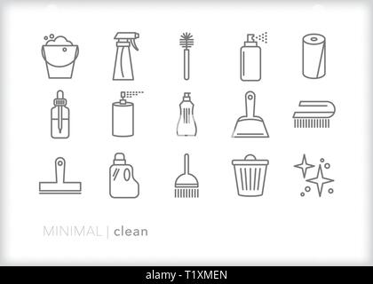 Set of 15 clean line icons for spring cleaning, house cleaning, maid service and tidying up Stock Vector