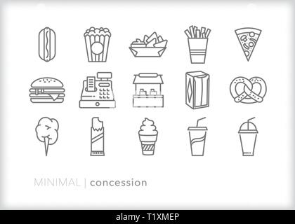 Set of 15 concession stand line icons for fundraising at sporting events and feeding hungry fans Stock Vector