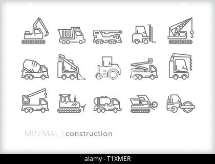 Set of 15 construction vehicle line icons of equipment for hauling, drilling, building and demolition Stock Vector