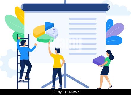 Vector illustration of the people working together on presentation. Creative teamwork, seeking solutions. Illustration of collaboration, flat design Stock Vector