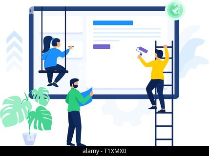 Vector illustration of creative people are working together to finish project. Manager and team are thinking and brainstorming Stock Vector