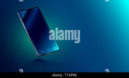 Modern glass smartphone hanging over the table with a smooth dark blue surface in perspective view with reflection. Realistic vector illustration Stock Vector