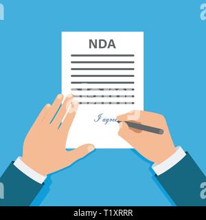 Colored Cartooned Hand Signing NDA. Contract Signed document. NDA concept. Secret files. Stock Vector