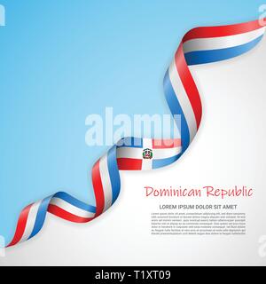 Vector banner in white and blue colors and waving ribbon with flag of Dominicanrepublic. Template for poster design, brochures, printed materials Stock Vector