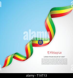 Vector banner in white and blue colors and waving ribbon with flag of Ethiopia. Template for poster design, brochures, printed materials, logos Stock Vector