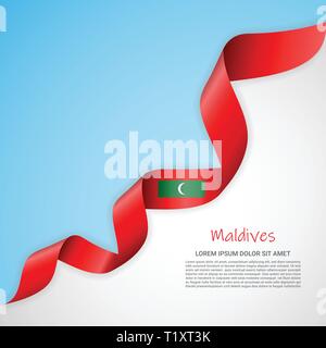 Vector banner in white and blue colors and waving ribbon with flag of Maldives. Template for poster design, brochures, printed materials, logos Stock Vector