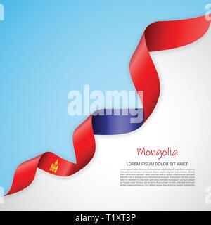 Vector banner in white and blue colors and waving ribbon with flag of Mongolia. Template for poster design, brochures, printed materials, logos Stock Vector
