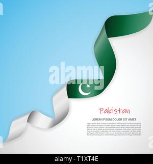 Vector banner in white and blue colors and waving ribbon with flag of Pakistan. Template for poster design, brochures, printed materials, logos Stock Vector